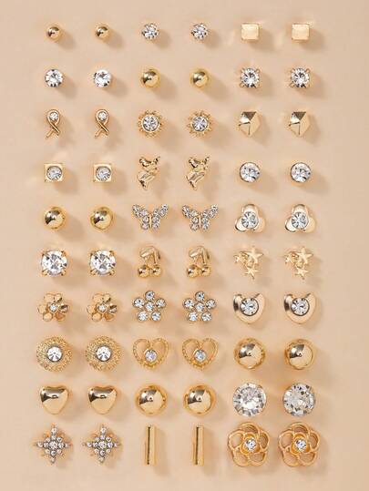 Bộ 30 đôi khuyên tai hình học bất đối xứng đính đá kim loại hình trái tim hoa anh đào, quà tặng trang phục thường ngày ngày lễ
