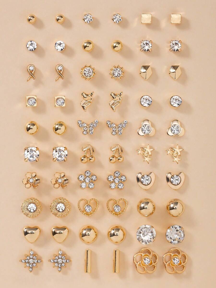 30 pares de pendientes de botón asimétricos con forma de corazón, flor y geometría, con cristales de metal, para uso casual y como regalo - Amarillo Oro - Ver 1