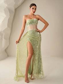 Astony One 奢华优雅亮片珍珠点缀绿色晚礼服，美人鱼腰身设计，高开衩裙摆，飘逸雪纺拖尾，是情人节约会、新年派对、嘉年华、郊游、度假、鸡尾酒会、毕业典礼、红毯活动和正式晚宴的理想之选。 - 綠色 - 查看 2