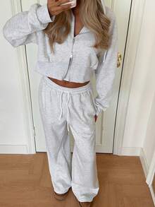 女士卫衣两件套秋冬运动街头连帽衫开衫外套宽松阔腿裤套装 - 灰色 - 查看 5