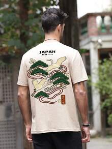 Men's Casual Versatile Simple Japanese Crane Print Short Sleeve T-Shirt
