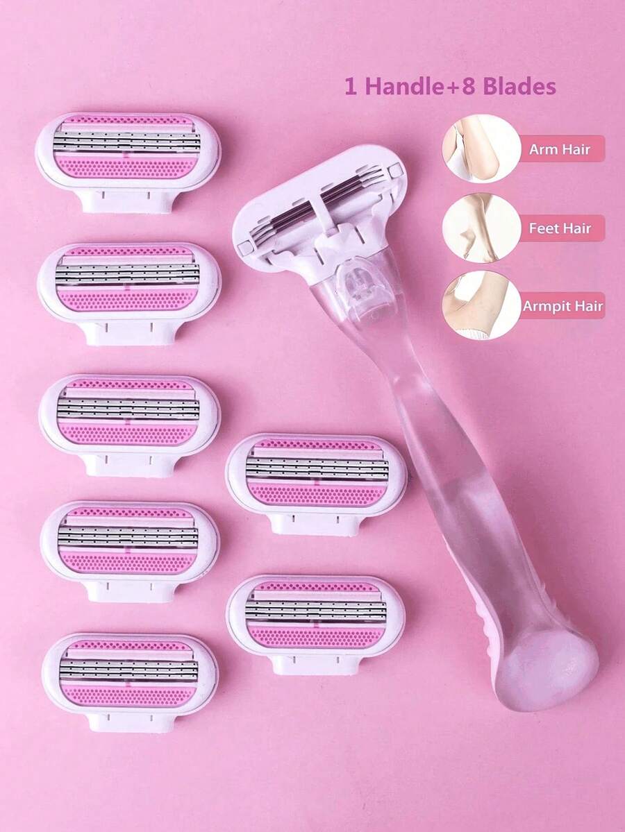 1 Handle + 8pcs Blades Set, 8pcs/12pcs Blades, Women's Bikini Manual Hair Removal Tool, 3-Layer Stainless Steel Razor Blades, Replaceable Blades - Multicolor - View 1