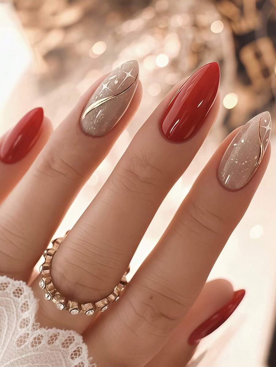 Bộ 24 móng giả hình hạnh nhân thể hiện tình yêu của bạn, với các sọc vàng quyến rũ, ngôi sao trắng và kim tuyến vàng, móng giả màu trắng đỏ thời trang với họa tiết ngôi sao, móng giả phủ kín toàn bộ móng, phù hợp cho phụ nữ và bé gái. Bao gồm bộ dụng cụ làm móng tại salon với 1 lọ sơn gel và 1 dũa móng. Sơn gel được giao ngẫu nhiên. - Đỏ - Xem 1