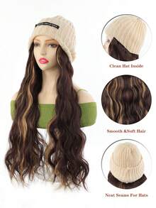 22英寸长波浪卷假发针织帽，一体式假发帽，秋冬季节适用，适合所有头围，耐热纤维材质，时尚假发帽，圣诞礼物 - 彩色 - 查看 3