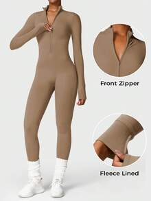 YEOREO Winter Skiwear  Fall Clothes For Women Fleece Long Sleeve Zipper Jumpsuit Zip Up Romper Bottom Pants Bodysuit Bodycon Sexy One Piece Fabric Spandex Tops Stretchy Flexible Bodysuit - 駱駝棕 - 查看 4