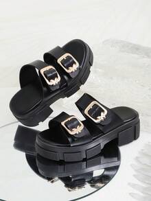 1 Pair Black Plus Size Toddler/Kids High Heel Slide Sandals, Dual Metal Buckle Strap, Solid Color, Slip-On Design, Round Toe, Platform, Fashion & Cute, Suitable For 3-15 Years Old Boys & Girls, Casual, Party, Travel, Spring/Summer - Black - View 8