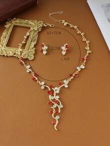 3入組紅色玻璃珠&人造珍珠&鑽石裝飾的金色配件和耳環,適合女性使用的情人節、紀念日、婚禮、派對珠寶禮物和新娘珠寶套裝 - 查看 7