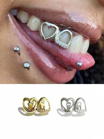 1pc Fashion Classic Double Hollow Heart Zirconia Inlaid Metal Hip Hop Tooth Jewelry, Stylish Party Accessory, Christmas Couple Gift