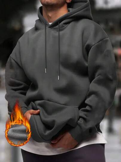 Men's Solid Color Drop Shoulder Long Sleeve Drawstring Pocket Casual Hoodie, Autumn/Winter,Back To School