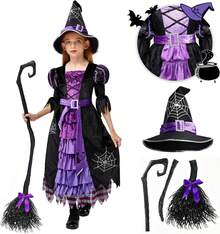 TendenciaDisfraz De Bruja Infantil, Bonito Disfraz De Bruja De Cuento De Hadas De Lujo Con Sombrero De Escoba Para Fiesta De Halloween De Niñas.Calidad premium - S(115-125 cm) - Ver 7