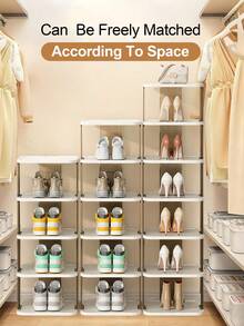 Shoe Rack For Closet, Space Saving Shoe Organizer, Sturdy Storage Shelf, Closet Organizers And Storage, Shoe Cabinet For Upright Or Upside Down, Large Space Fit All Shoe Sizes, Stackable Free Standing Shoe Rack For Entryway, Garage, Corridor, Apartment Essentials, Home Organization - White & Brown - View 4