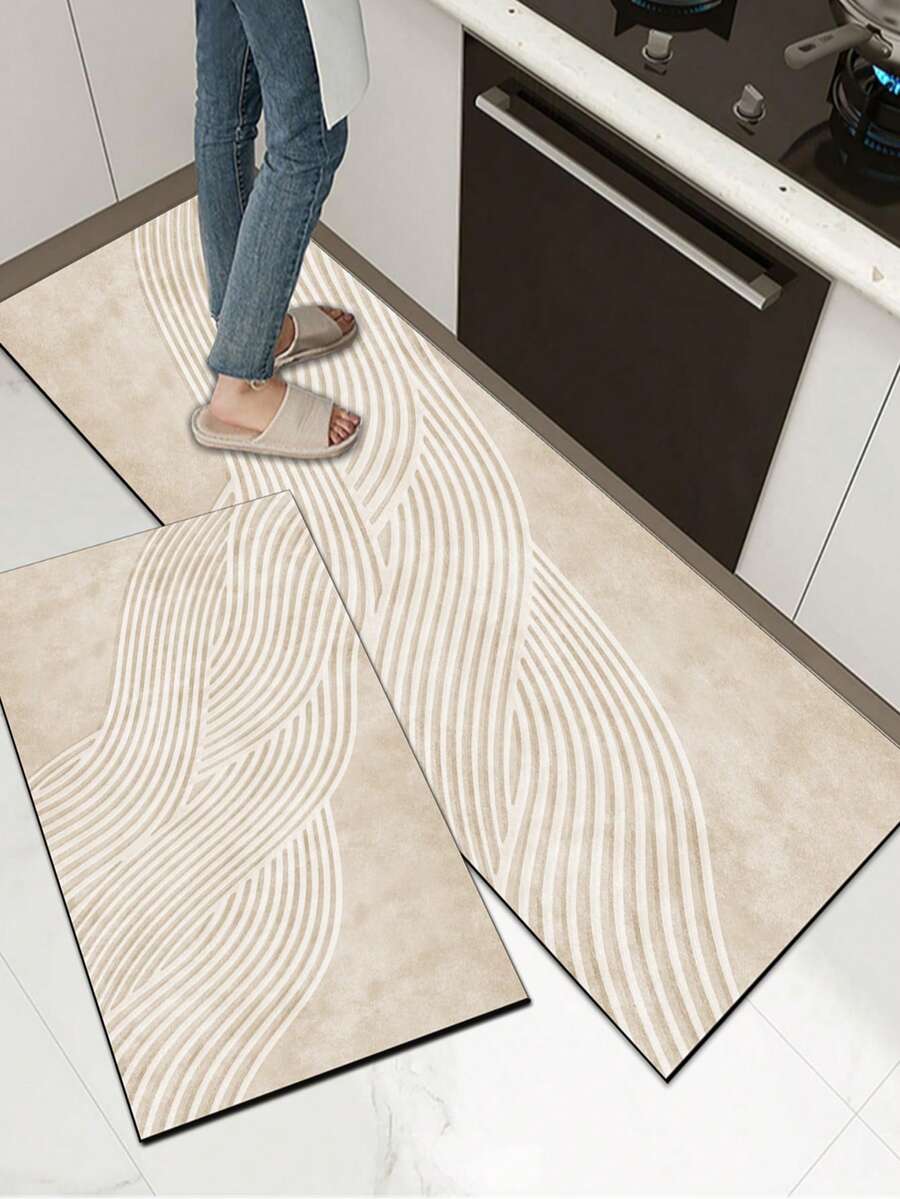 [HOT!!!] 1pc Soft Rubber Kitchen Mat, 3.5mm Thick Kitchen Rug, Beige Striped Texture Pattern, Simple & Fashionable Style, Water-Absorbent Kitchen Mat, Can Be Trimmed To Fit Kitchen, Surface Fabric, Middle Sponge Layer, Bottom Rubber Layer, Suitable For Kitchen Rugs, Kitchen Decor, Wedding Decor, Home Decor, Bathroom Mats, Entryway Mats, Laundry Room Mats, Hallway Rugs, Living Room Mats, Etc. - Multicolor - View 1