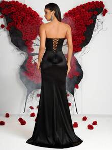 Váy dự tiệc hở lưng, dài chấm đất, xẻ tà lưng cao, xẻ tà xương cá xuyên thấu màu đen thanh lịch dành cho nữ, váy dạ hội, tiệc cưới, tiệc khiêu vũ, tiệc về quê, tiệc tối trang trọng, tiệc sinh nhật, tiệc lễ hội, tiệc gia đình - màu đen - Xem 2