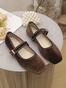 Dép bệt đế bằng gót thấp mũi vuông dáng rộng cho nữ, màu nâu đậm (nhung), giày thoải mái nhẹ nhàng hàng ngày, cỡ lớn EU 36-43. - Nâu sẫm (nhung) - Xem 7