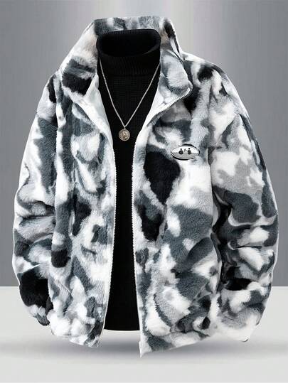Abrigo de invierno para hombre de cuello alto con forro térmico, manga elástica, parche decorativo con efecto tie-dye en la parte delantera y forro de borreguito sintético para uso casual al aire libre