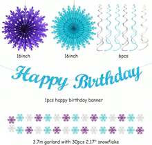 Winter-Wonderland Christmas-Snowflake Frozen Birthday Party-Decorations - 21pcs Happy Banner,Blue Purple Teal Paper Lanterns Honeycomb Streamers,Tissue Pom Poms Flower Fan,Hanging Decor - 藍色 紫色 青色 - 查看 6