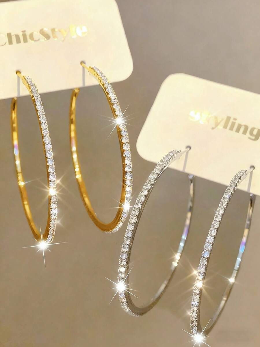 4pcs/Set Minimalist Elegant Fashion Rhinestone Embellished Gold & Silver Metal Hoop Earrings Set, Suitable For Women's Daily Wear, Gift For Vacation & Dates (No Card) - Multicolor - View 1