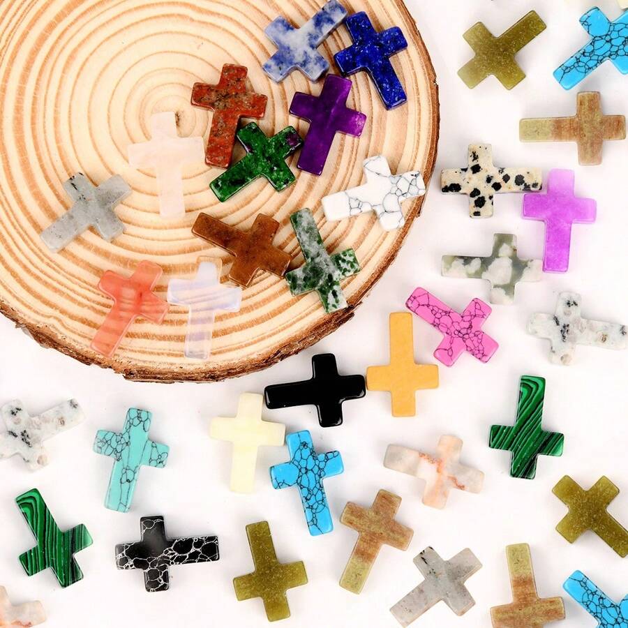 1pc Natural Crystal Cross Pendant, Jade Stone Cross Necklace Accessory, Christian Jesus Small Gift, Jesus' Love, New Year, Easter, Thanksgiving Small Gift - Multicolor - View 1