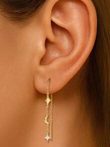 1 đôi bông tai mặt dây chuyền hình ngôi sao và mặt trăng bằng bạc sterling 925 đính đá Cubic Zirconia, trang sức tinh tế dành cho nữ, phù hợp để đeo hàng ngày, dự đám cưới, tiệc tùng, lễ đính hôn, kỷ niệm, ngày Valentine. - Vàng - Xem 4