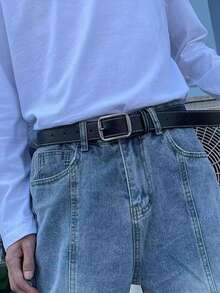 男士黑色真皮腰带，复古金属扣，撞色缝线 | 休闲牛仔裤配饰，均码可调节，适合日常/工作场合