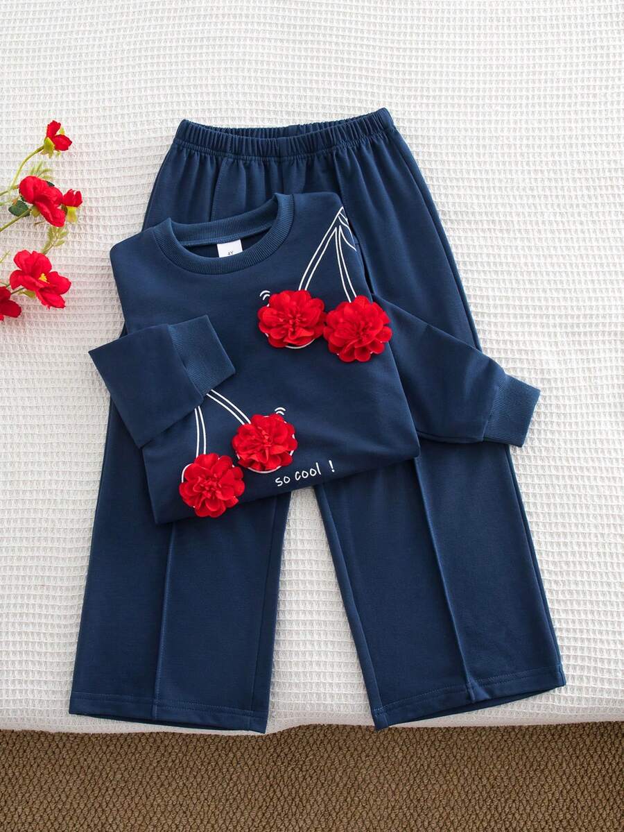 2pcs/Set Girls' Floral Print Top And Pants Casual Outfit, Spring/Summer - Royal Blue - View 1