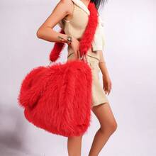 Long Strap Faux Fox Fur Tote - -Wide Large Capacity Tote Bag - Red - View 2