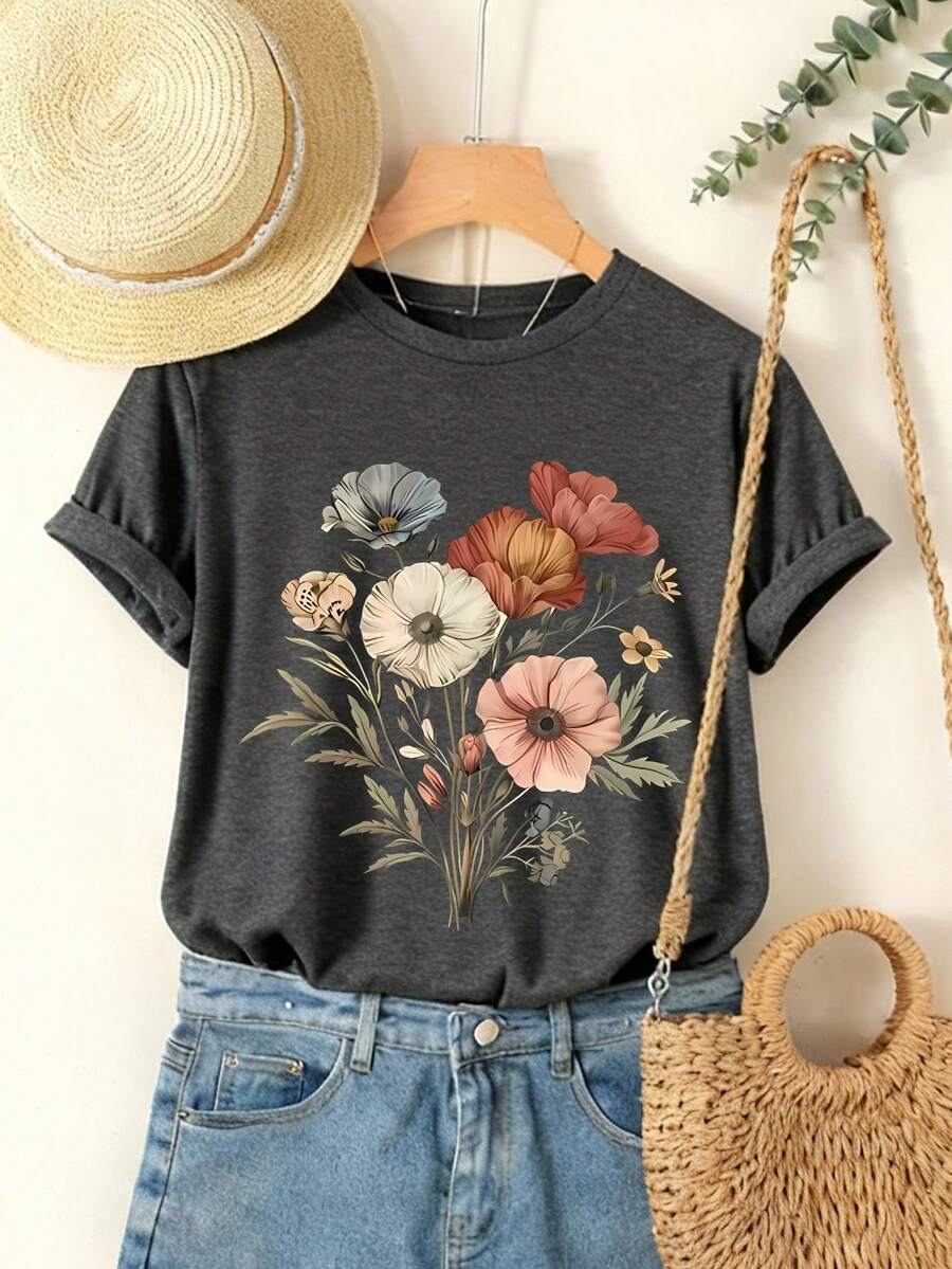 Camiseta de manga corta de cuello redondo gris de talla grande para mujer, casual de verano - Gris Oscuro - Ver 1