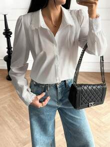 Sonniges, mädchenhaftes Herbst Damen Weihnachts Lässig Straßen Pendler Koreanischer Stil Loose Einfarbig Langarm Baumwolle Weiß Hemd