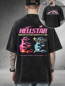 Y2K Vintage T Shirts | Graphic Tees |  Hel&Star Logo With Flames And Stars  | Streetwear  | Thanksgiving Gifts | Gifts For Men  | 100% Cotton | 230Gsm Thickened Fabric  | Unisex - 黑色 - 查看 2