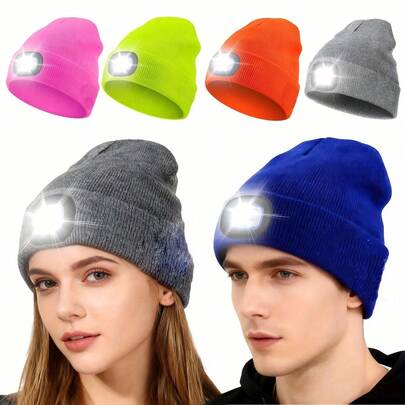 Rechargeable LED Beanie With Hands-Free Headlamp Warm Knit Hat USB Powered Adjustable Straps And Bright Beam Suitable For Camping Hiking And Night Work