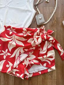 AMYLAN FASHION Women's Set Consisting Of A Spandex Bodysuit And A Printed, Lined Skirt With Shorts. - branco com vermelho\flor - Xem 4