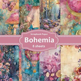 8张波西米亚风图案装饰工艺纸，精美花朵剪贴簿用品，适用于DIY背景卡片制作和相册制作