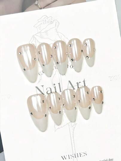 10片手工美甲，杏仁形亚克力按压式美甲，中号，柔和裸粉色美甲，白色法式美甲，极光粉，钻石镶嵌，海莉美甲，前卫优雅简约秋季美甲，秋季按压式美甲，适合派对、日常、约会、海滩、热带度假等场合，DIY假指甲艺术，适合女性和女孩作为礼物，美甲用品