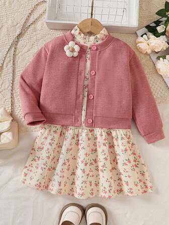 Conjunto casual de fiesta de 2 piezas para niña: Cardigan de punto con flores 3D para otoño/invierno + Vestido de manga larga con volantes en el cuello y estampado floral ditsy