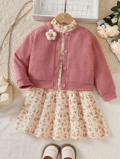 Young Girl Autumn/Winter 3D Floral Knit Cardigan Top + Ditsy Floral Long Sleeve Ruffle Collar Dress 2 Piece Casual Party Outfit
