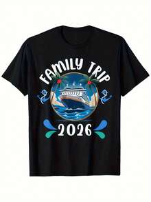 Camiseta de recuerdo de crucero para hombres, viaje familiar 2026 - Camiseta de algodón negra de manga corta con cuello redondo y gráfico vibrante de barco de crucero y palmera, tela súper suave y transpirable, comodidad para todas las estaciones, regalo ideal para vacacionistas, camisetas de crucero, ropa de viaje, estampado divertido, material duradero, camiseta de vacaciones, compradores de festividades - Negro - Ver 1