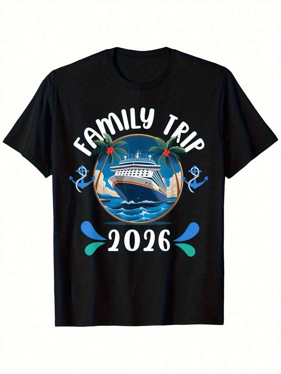 Camiseta de recuerdo de crucero para hombres, viaje familiar 2026 - Camiseta de algodón negra de manga corta con cuello redondo y gráfico vibrante de barco de crucero y palmera, tela súper suave y transpirable, comodidad para todas las estaciones, regalo ideal para vacacionistas, camisetas de crucero, ropa de viaje, estampado divertido, material duradero, camiseta de vacaciones, compradores de festividades - Negro - Ver 1