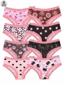 Bộ 8 quần lót nữ Dircho gợi cảm, dễ thương, phong cách Gothic, cạp thấp - Ren tương phản, họa tiết đầu lâu, thiên hà, sao và bí ngô Halloween khắp bề mặt, quần lót thoải mái kiểu hipster dành cho nữ - Đồ lót Halloween - Thoải mái, nhiều kiểu dáng, ý tưởng quà tặng hoàn hảo cho những dịp đặc biệt hoặc mặc hàng ngày. - Nhiều màu - Xem 1