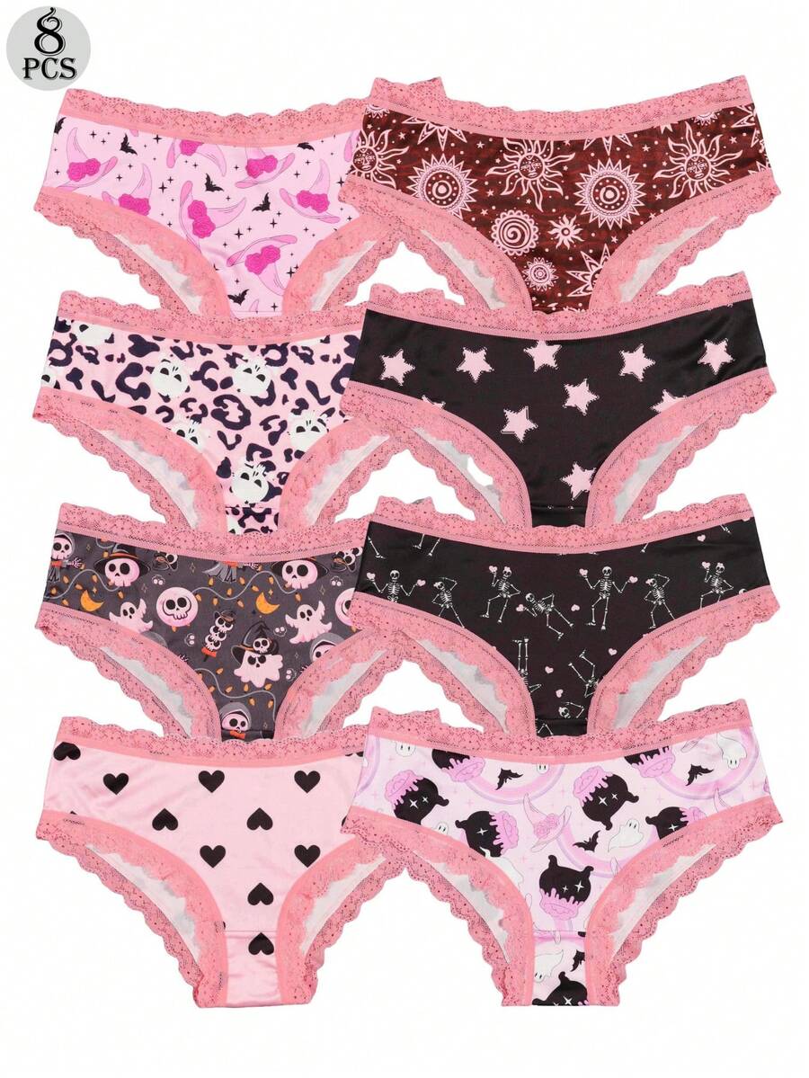 Bộ 8 quần lót nữ Dircho gợi cảm, dễ thương, phong cách Gothic, cạp thấp - Ren tương phản, họa tiết đầu lâu, thiên hà, sao và bí ngô Halloween khắp bề mặt, quần lót thoải mái kiểu hipster dành cho nữ - Đồ lót Halloween - Thoải mái, nhiều kiểu dáng, ý tưởng quà tặng hoàn hảo cho những dịp đặc biệt hoặc mặc hàng ngày. - Nhiều màu - Xem 1
