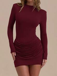 Spring And Summer Women's Casual Elegant Wine Red Mini Dress, Knit Fabric, Long Sleeve Round Neck, Ruched Fitted Design, Suitable For Parties And Events, Mother's Day - Burgundy - View 14