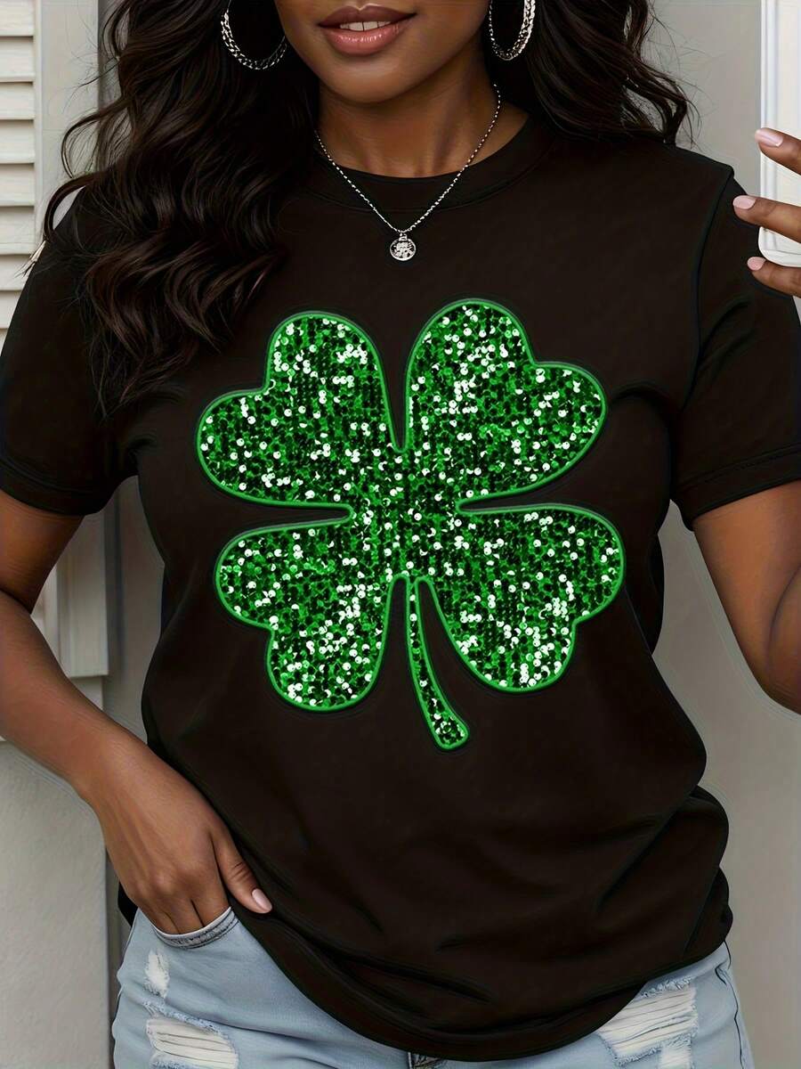 St Patrick's Day Sparkle Shamrock T Shirt Women Lucky Clover Print White Tee St Patrick's Day Outfit Festive Casual Top - 黑色 - 查看 1