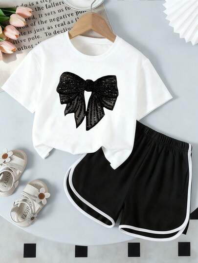 Toddler Girls' Bow Print Short Sleeve Top And Shorts Set