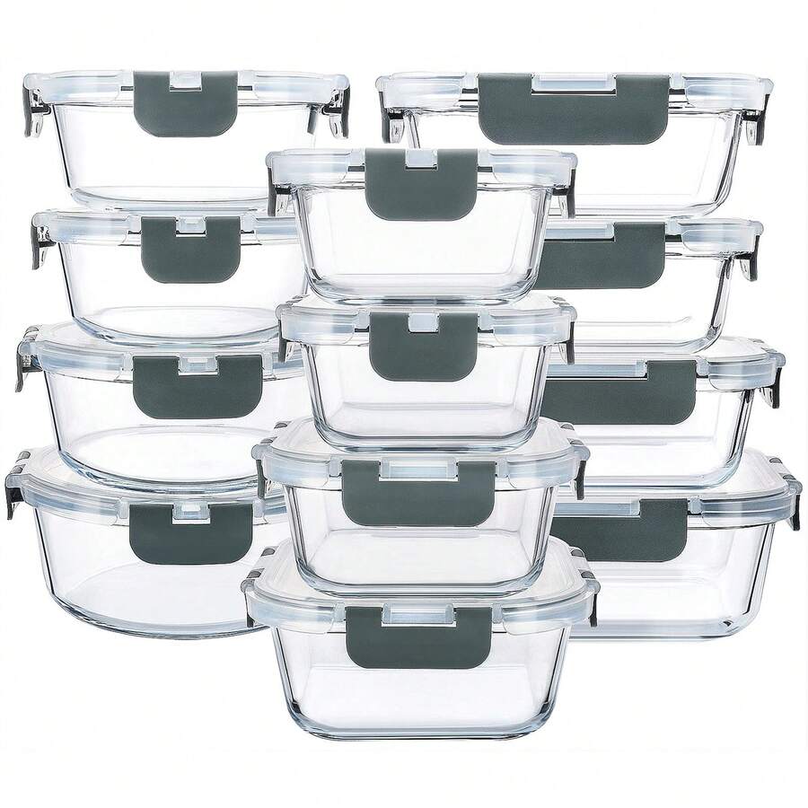 24-Piece Glass Food Storage Containers (12 Glass Bowls + 12 Lids) With Upgraded Snap Locking Lids – Airtight Lunch Containers, Suitable For Microwave/Oven/Refrigerator/Dishwasher (Gray) - Xám - Xem 1