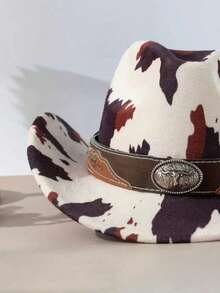 1pc Unisex Polyester Cow Print Cowboy Hat - Three-Dimensional Aged Silver Retro Bull Head Badge, Plain Copper Cross-Rivet Double Straps, Suitable For Horseback Riding, Outdoor Travel, Cowboy Parties And Daily Wear - Badge Bull Head Cow Hat - View 3