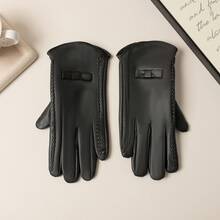 Women's Beige Leather Bow Gloves Elegant Winter Dress Gloves Soft, Warm-Weather Accessories Christmas Party Gift - Multicolor - View 4