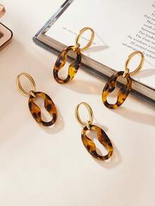 1 Set de joyería vintage con estampado de leopardo, que incluye pulsera de acero inoxidable con nariz de cerdo de resina, aretes y collar, un diseño único - Dorado - Ver 10