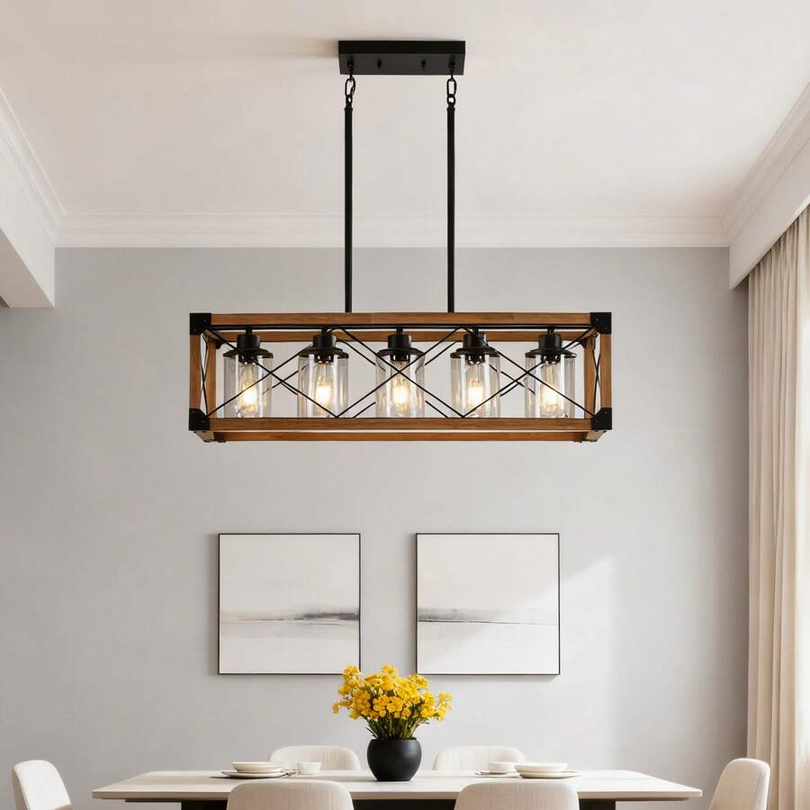 32'' Chandelier Fixtures LED Pendant Light Rectangle Oak 5 Lights Farmhouse(Local Delivery) - trắng - Xem 1
