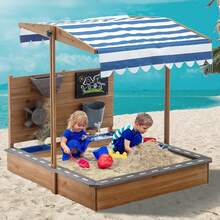 Wooden SandBoxes With Roof, Outdoor Sand Box Play W/Canopy For Backyard Garden Beach, Sand Pit For Beach Patio Outdoor, [Adjustable Cover & Funnel & Drawing Board] - 原木色 - 查看 1