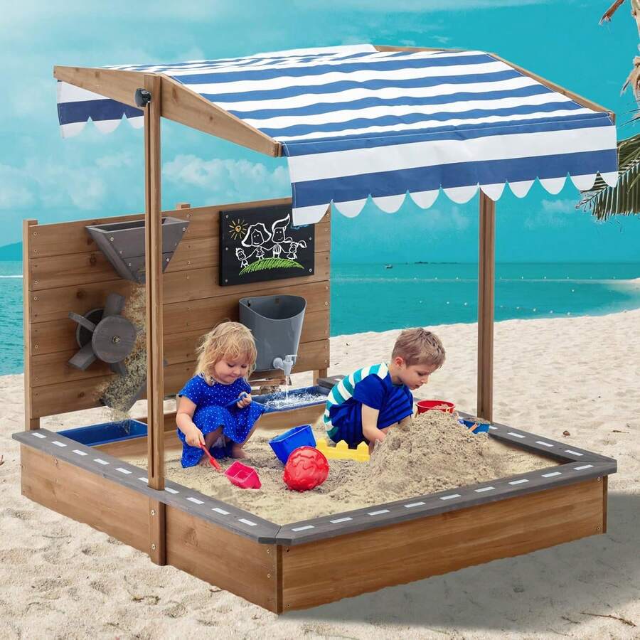 Wooden SandBoxes With Roof, Outdoor Sand Box Play W/Canopy For Backyard Garden Beach, Sand Pit For Beach Patio Outdoor, [Adjustable Cover & Funnel & Drawing Board] - 原木色 - 查看 1