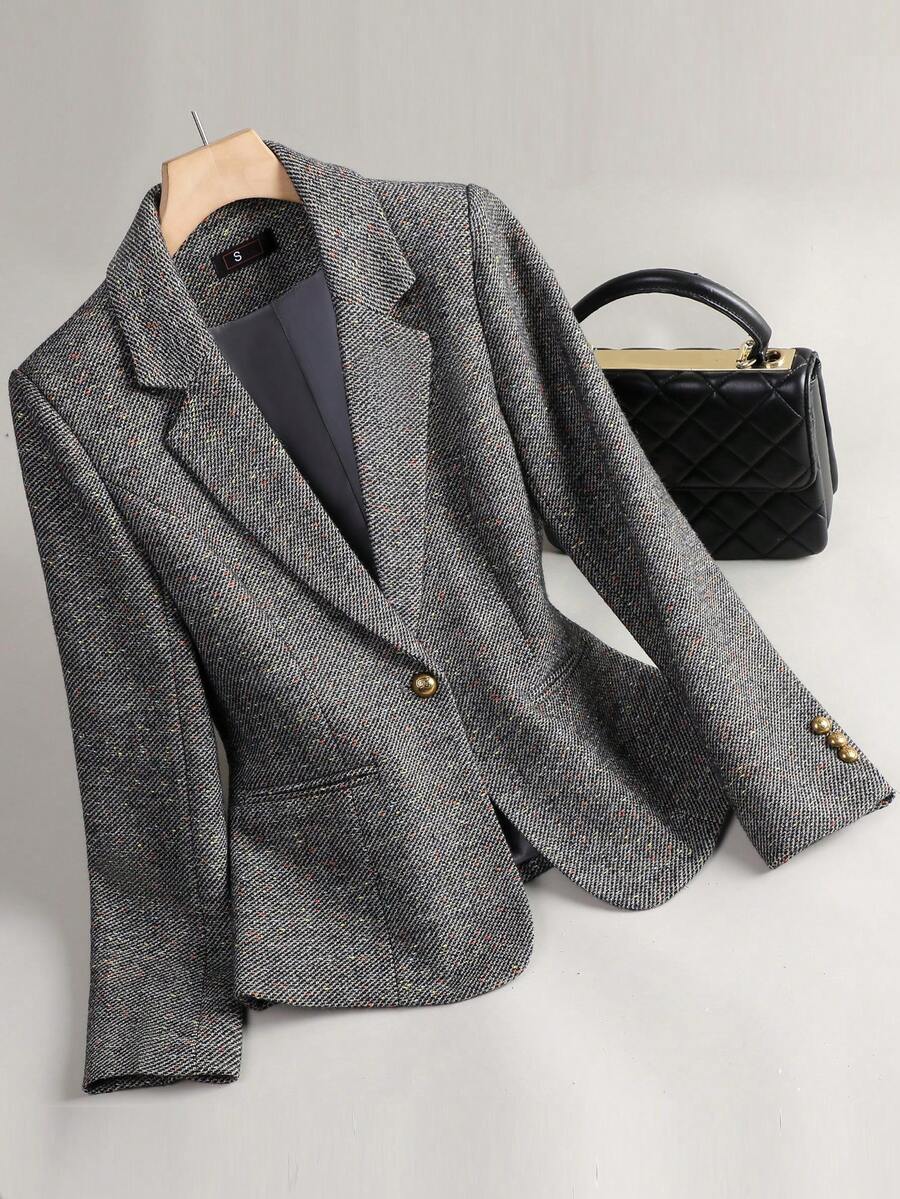 女士高级羊毛混纺西装外套，休闲优雅女士套装，加厚设计，2025秋冬新款 - 灰色 - 查看 1